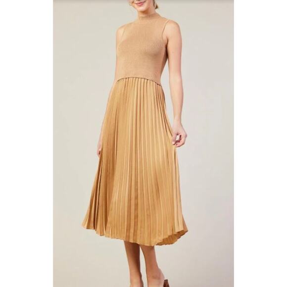 Avara Mixed Media Pleated Midi Dress Womens XL Blue Mock Neck Knit Satin Chic - Picture 2 of 15